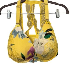 Cacique Boost Plunge Front Closure Yellow Floral Lace Back Bra